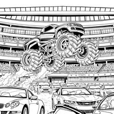 Monster truck flying over cars